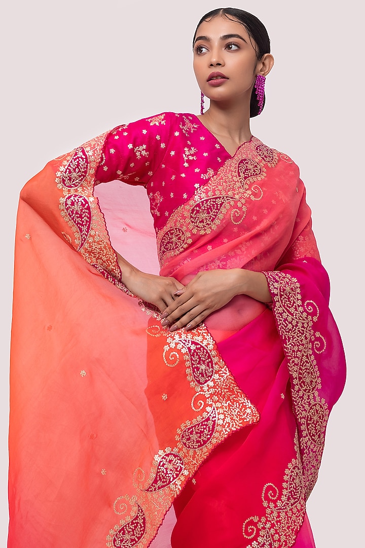 Flamingo Pink & Tangerine Red Crush Fabric Draped Party Wear Saree Set by Onaya at Pernia's Pop Up Shop