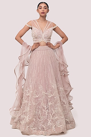 Pink Net Embellished Lehenga Set by Onaya