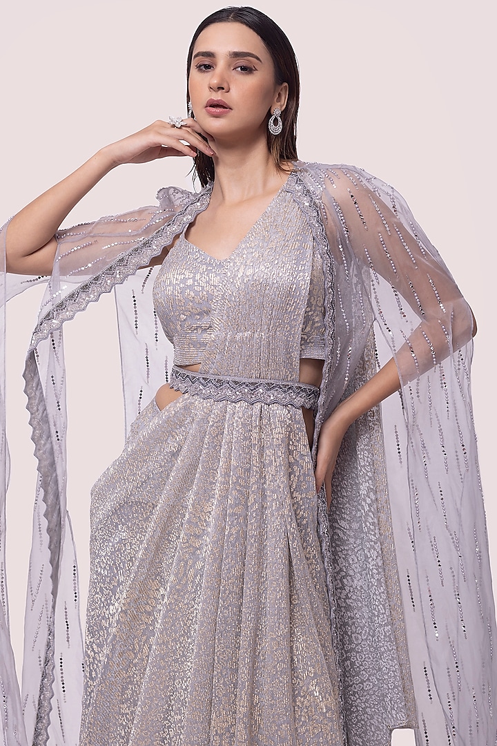 Silver Embellished Draped Saree Set by Onaya