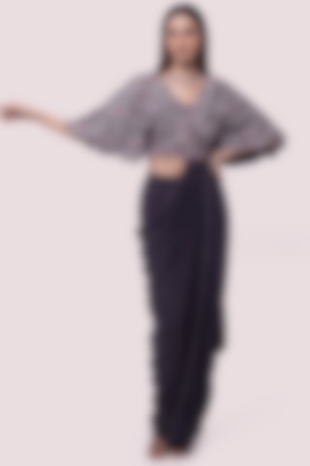 Charcoal Grey Lycra Net Draped Party Wear Saree Set by Onaya at Pernia's Pop Up Shop