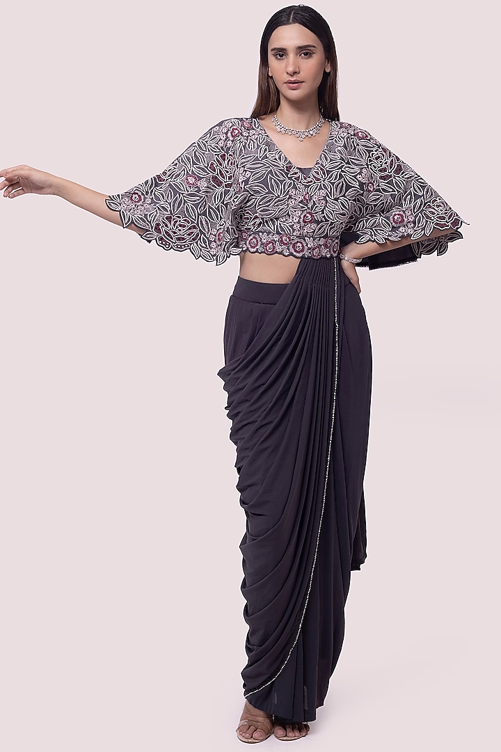 Charcoal Grey Lycra Net Draped Party Wear Saree Set by Onaya at Pernia's Pop Up Shop