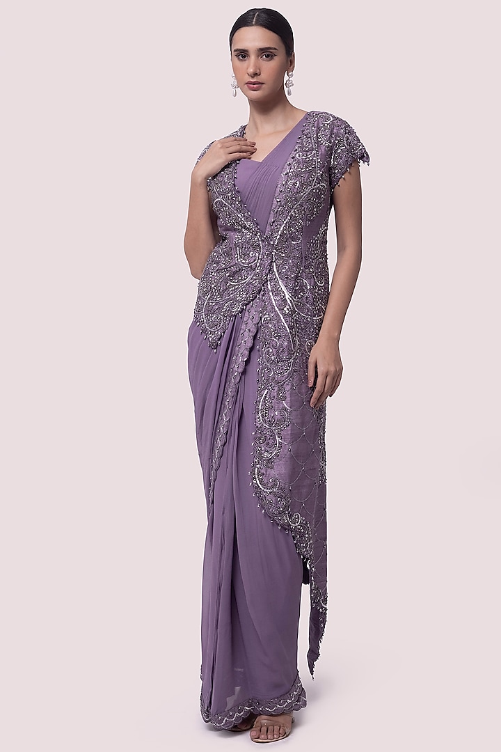 Lilac Georgette Draped Saree Set by Onaya