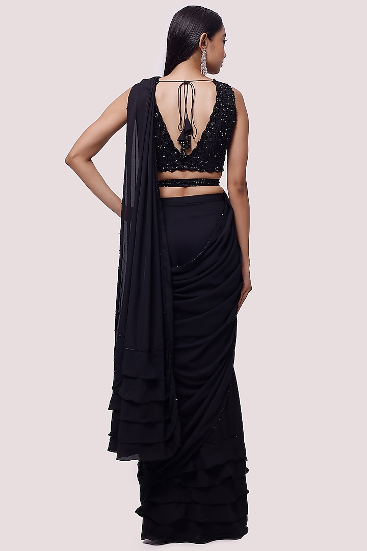 Black Georgette Draped Party Wear Saree Set by Onaya at Pernia's Pop Up Shop
