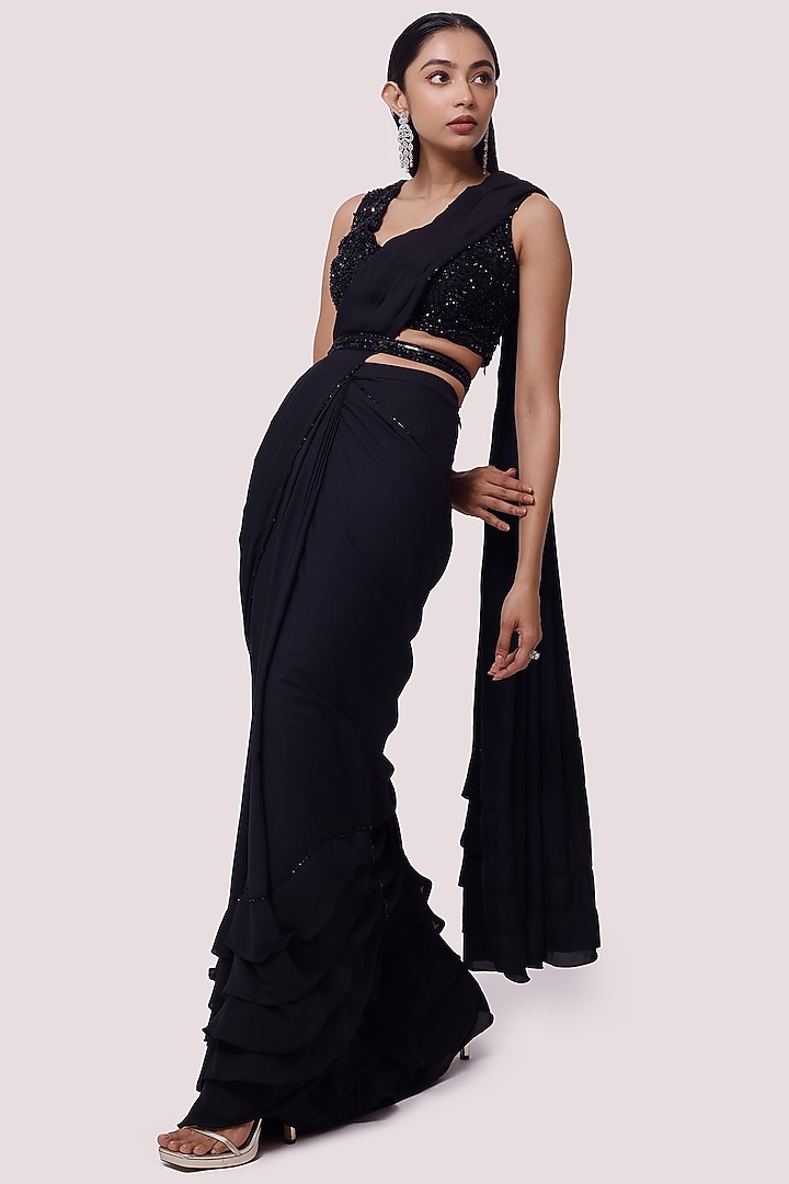 Black Georgette Draped Party Wear Saree Set by Onaya at Pernia's Pop Up Shop
