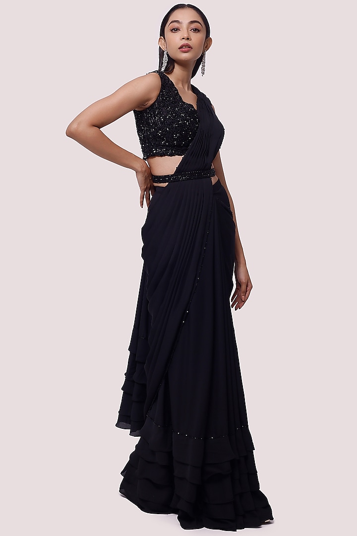 Black Georgette Draped Party Wear Saree Set by Onaya at Pernia's Pop Up Shop