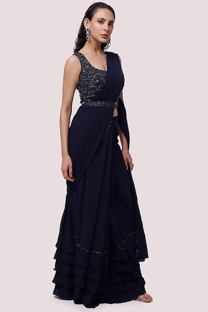 Navy Blue Georgette Draped Party Wear Saree Set by Onaya at Pernia's Pop Up Shop