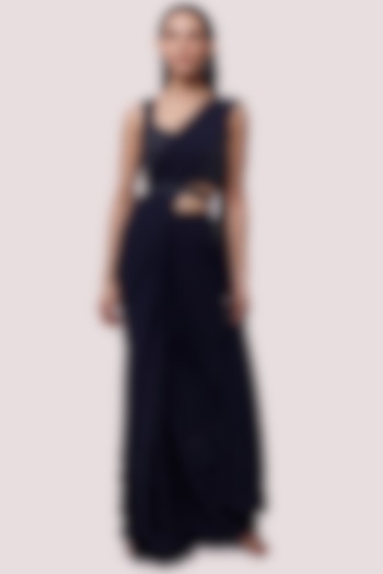 Navy Blue Georgette Draped Party Wear Saree Set by Onaya at Pernia's Pop Up Shop