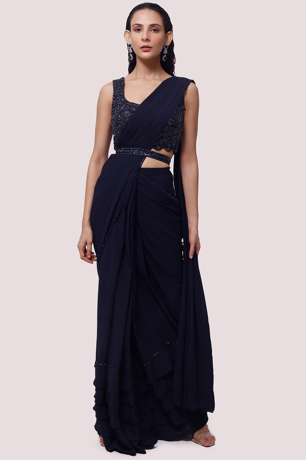 Navy Blue Georgette Draped Party Wear Saree Set by Onaya at Pernia's Pop Up Shop