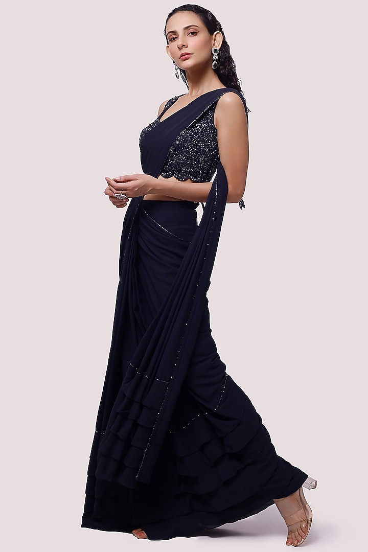Navy Blue Georgette Draped Party Wear Saree Set by Onaya at Pernia's Pop Up Shop