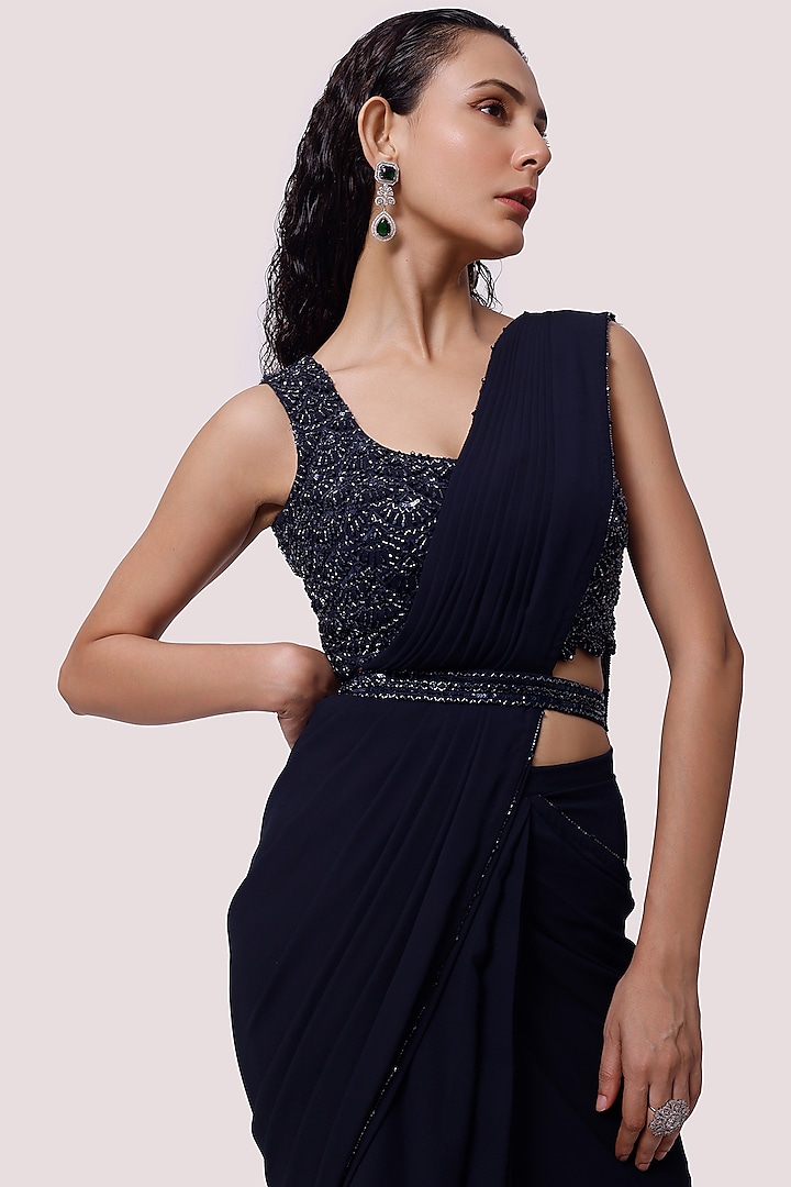 Navy Blue Georgette Draped Party Wear Saree Set by Onaya at Pernia's Pop Up Shop