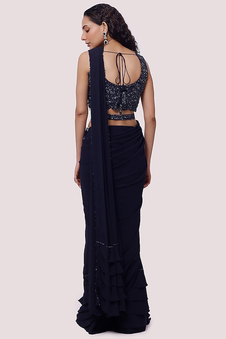 Navy Blue Georgette Draped Party Wear Saree Set by Onaya at Pernia's Pop Up Shop