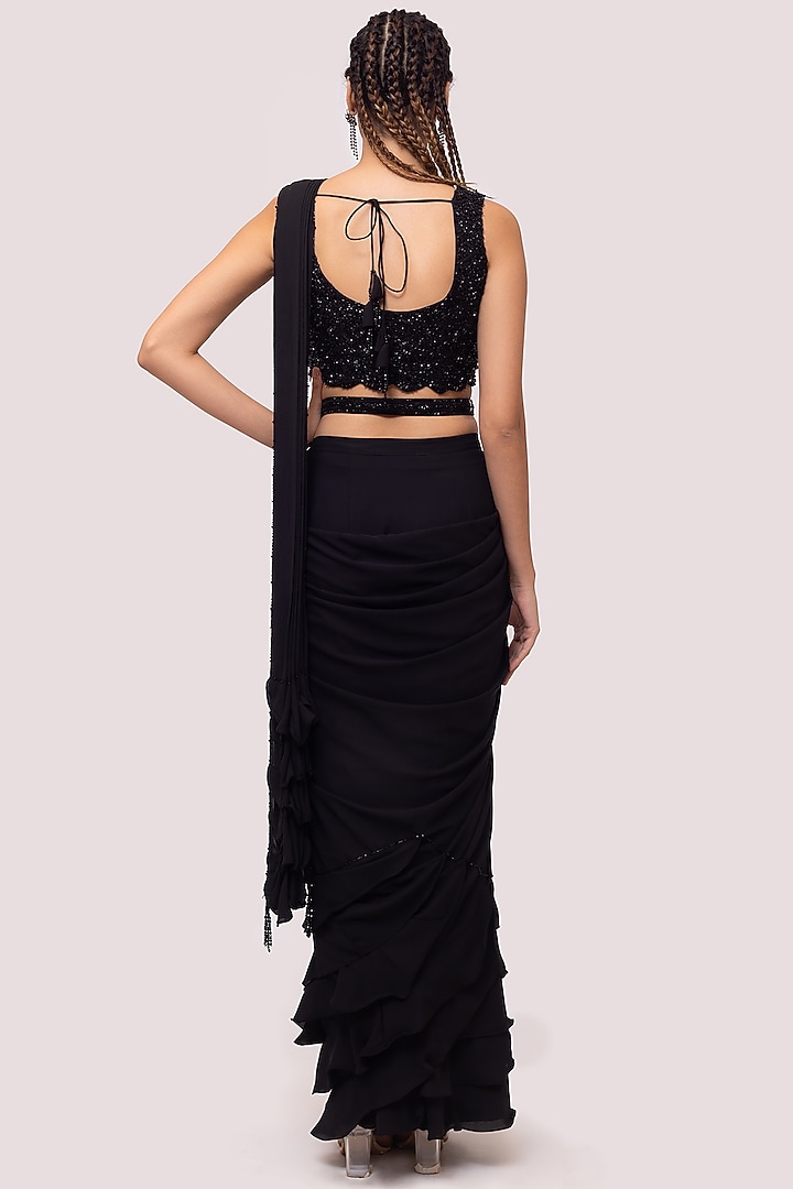 Black Embroidered Pre-Stitched Party Wear Saree Set by Onaya at Pernia's Pop Up Shop