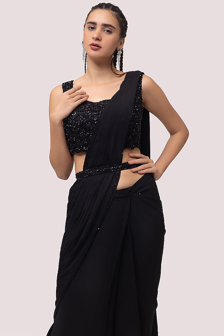 Black Embroidered Pre-Stitched Party Wear Saree Set by Onaya at Pernia's Pop Up Shop