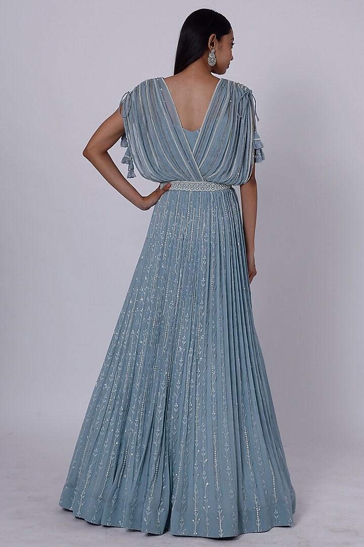 Aqua Chikankari Party Wear Gown by Onaya at Pernia's Pop Up Shop