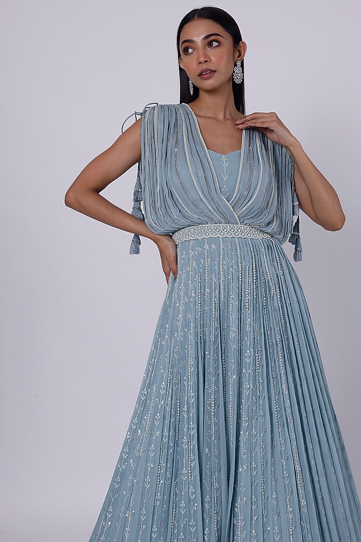 Aqua Chikankari Party Wear Gown by Onaya at Pernia's Pop Up Shop