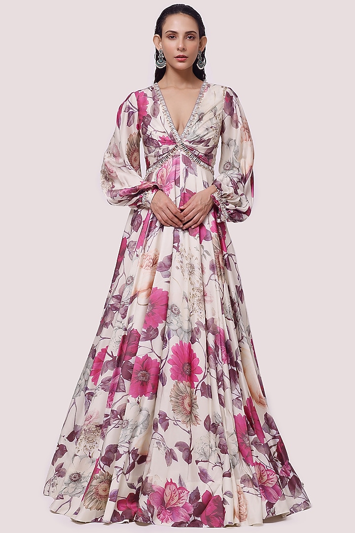 Off-White Floral Printed Party Wear Gown by Onaya at Pernia's Pop Up Shop