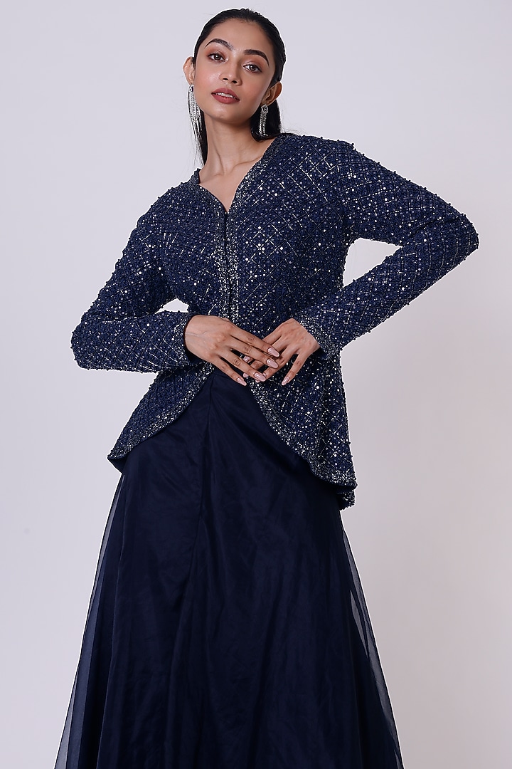 Denim Blue Chikankari Jacket Set by Onaya at Pernia's Pop Up Shop