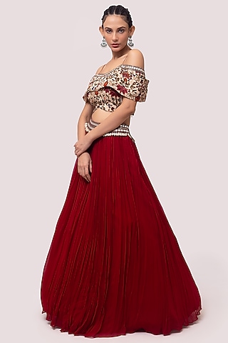 Red Embroidered A-line Skirt Set by Onaya