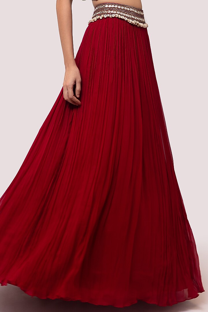 Red Embroidered A-line Skirt Set by Onaya at Pernia's Pop Up Shop