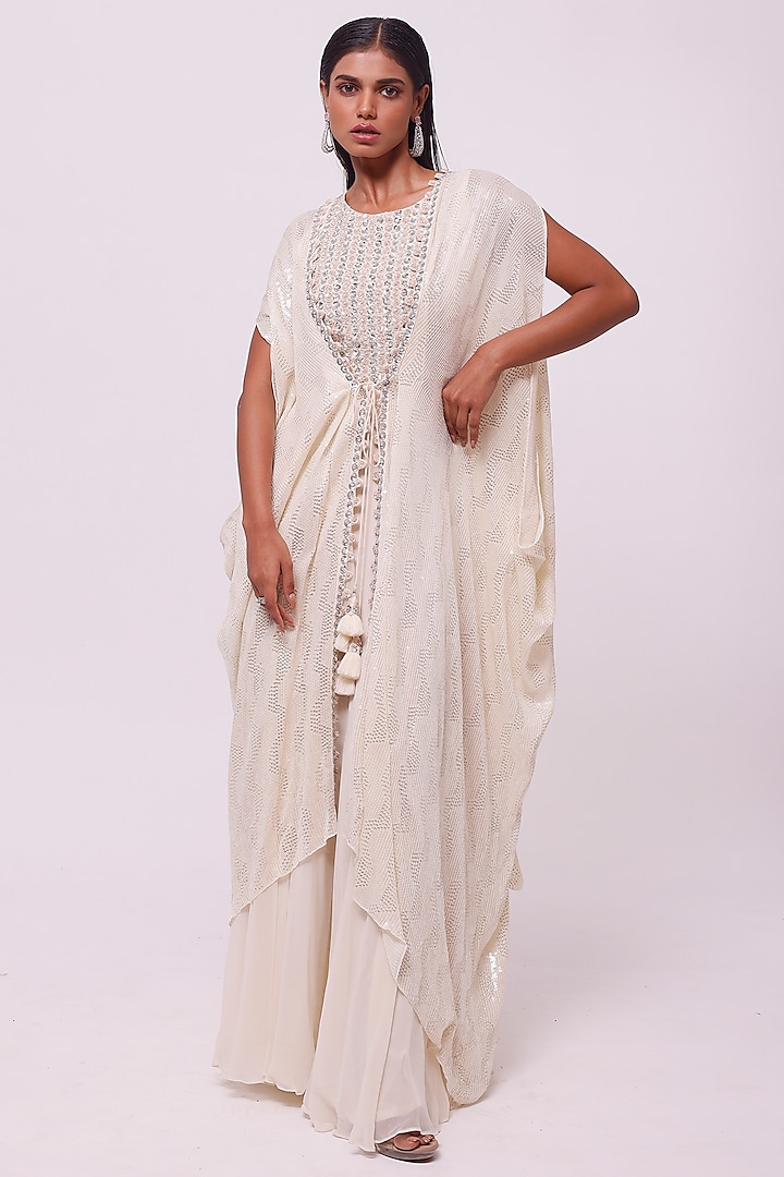 Off-White Chikankari Sequins Embellished Cape Jacket Set by Onaya at Pernia's Pop Up Shop