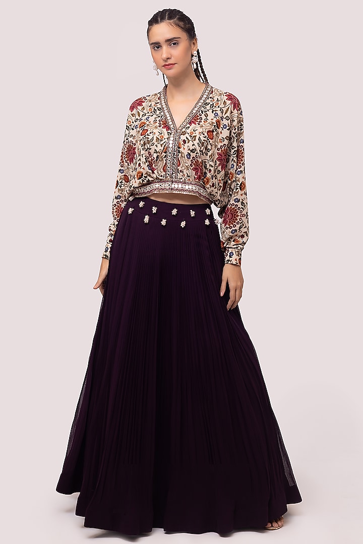 Wine Georgette Pleated Skirt Set by Onaya at Pernia's Pop Up Shop