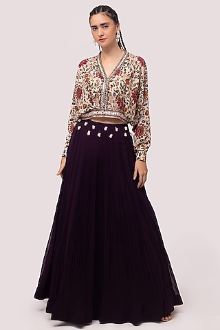 Wine Georgette Pleated Skirt Set by Onaya