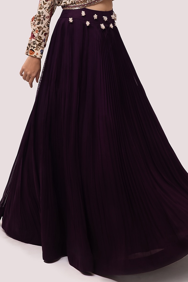 Wine Georgette Pleated Skirt Set by Onaya at Pernia's Pop Up Shop