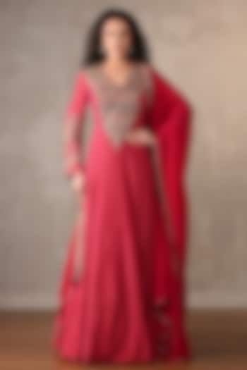 Rani Pink Organza Tissue Crushed Sequin Embroidered Wedding Anarkali Set by Onaya at Pernia's Pop Up Shop