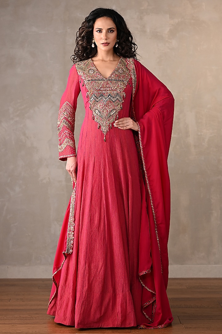 Rani Pink Organza Tissue Crushed Sequin Embroidered Wedding Anarkali Set by Onaya at Pernia's Pop Up Shop