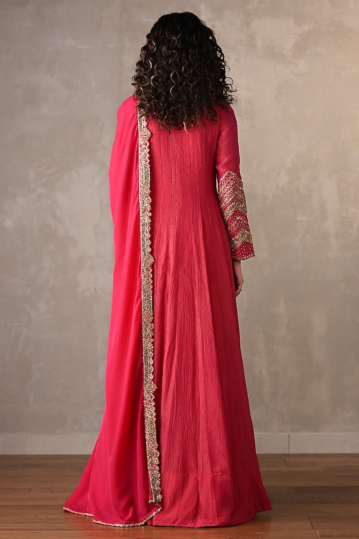 Rani Pink Organza Tissue Crushed Sequin Embroidered Wedding Anarkali Set by Onaya at Pernia's Pop Up Shop