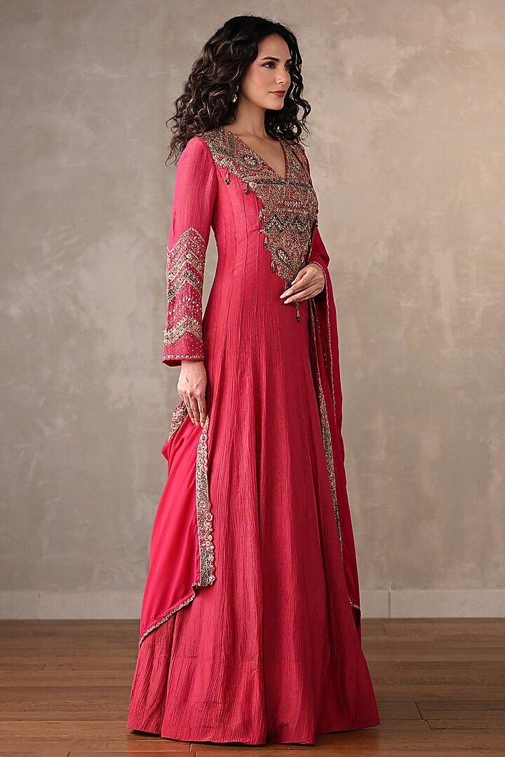 Rani Pink Organza Tissue Crushed Sequin Embroidered Wedding Anarkali Set by Onaya at Pernia's Pop Up Shop