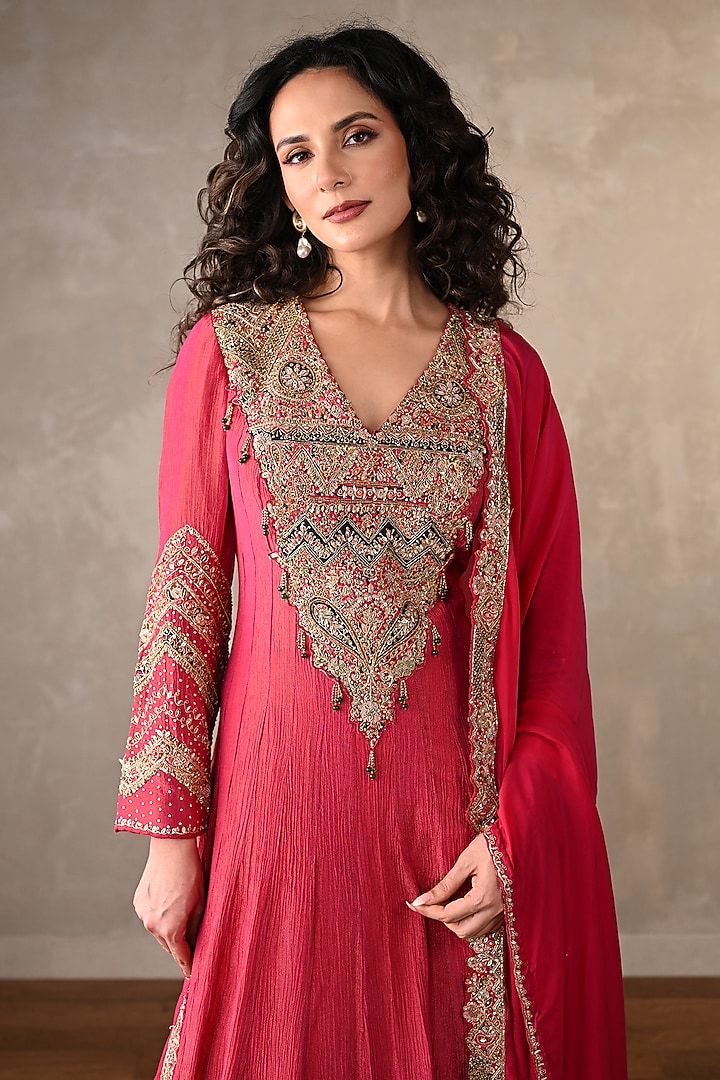 Rani Pink Organza Tissue Crushed Sequin Embroidered Wedding Anarkali Set by Onaya at Pernia's Pop Up Shop