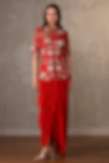 Red Crepe Draped Skirt Set by Onaya at Pernia's Pop Up Shop