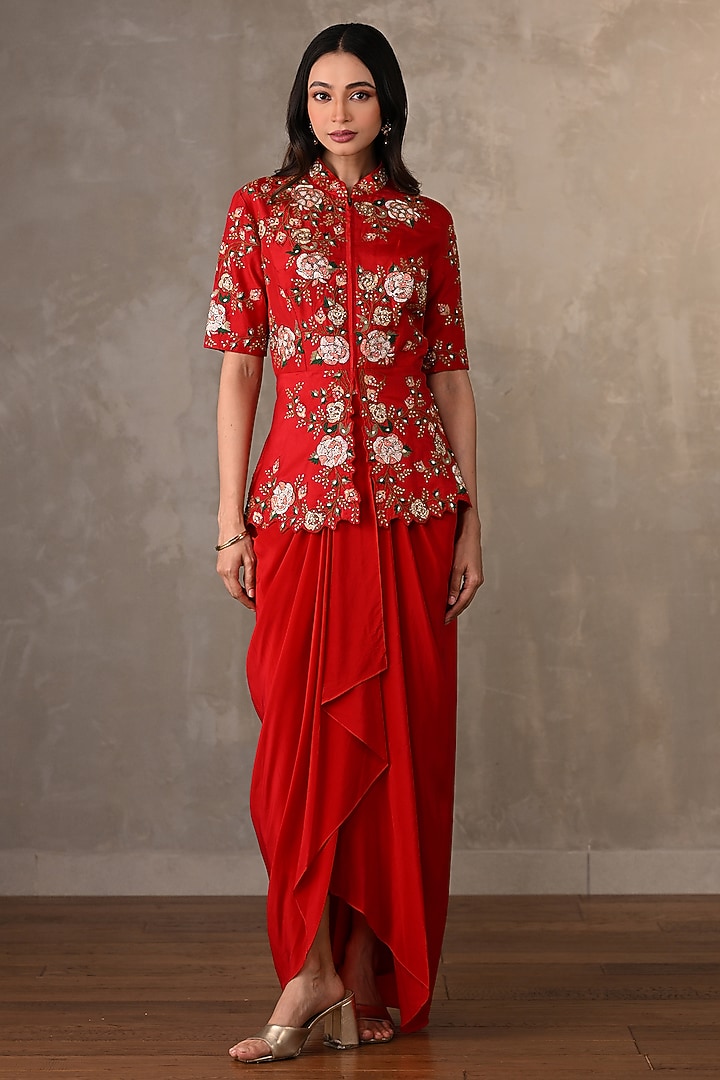 Red Crepe Draped Skirt Set by Onaya at Pernia's Pop Up Shop