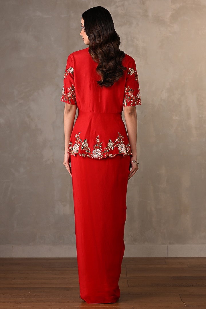 Red Crepe Draped Skirt Set by Onaya at Pernia's Pop Up Shop