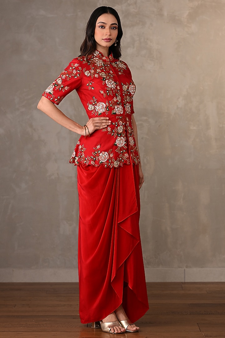 Red Crepe Draped Skirt Set by Onaya at Pernia's Pop Up Shop