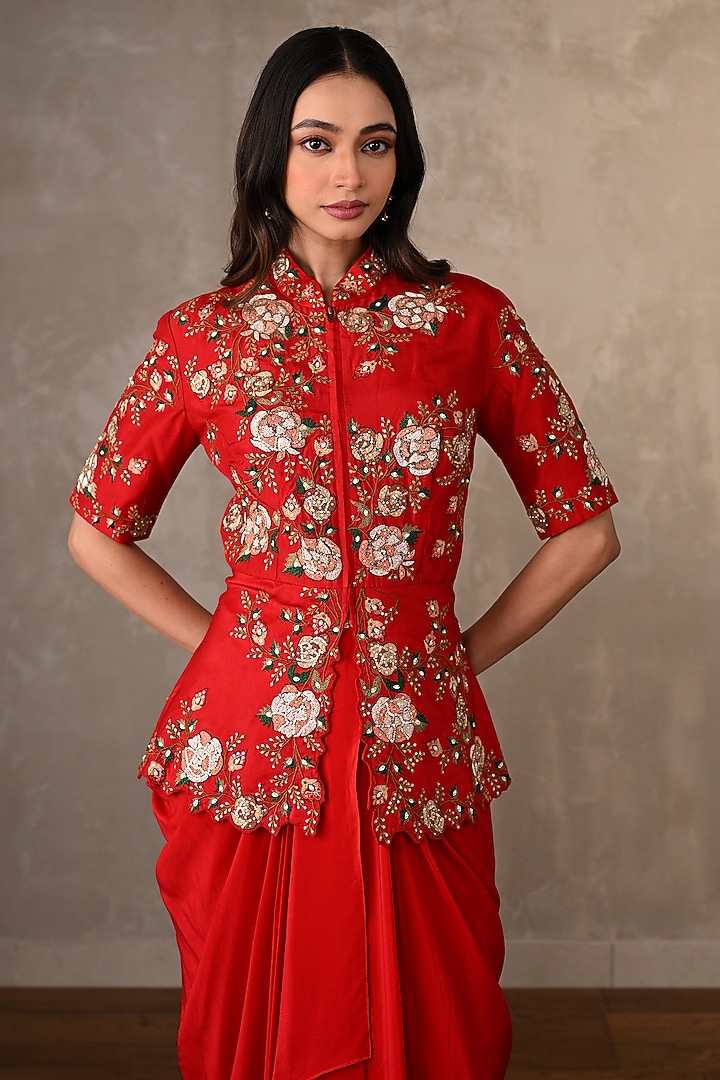 Red Crepe Draped Skirt Set by Onaya at Pernia's Pop Up Shop