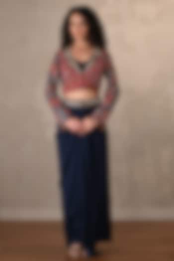 Navy Blue Silk Draped Skirt Set by Onaya at Pernia's Pop Up Shop