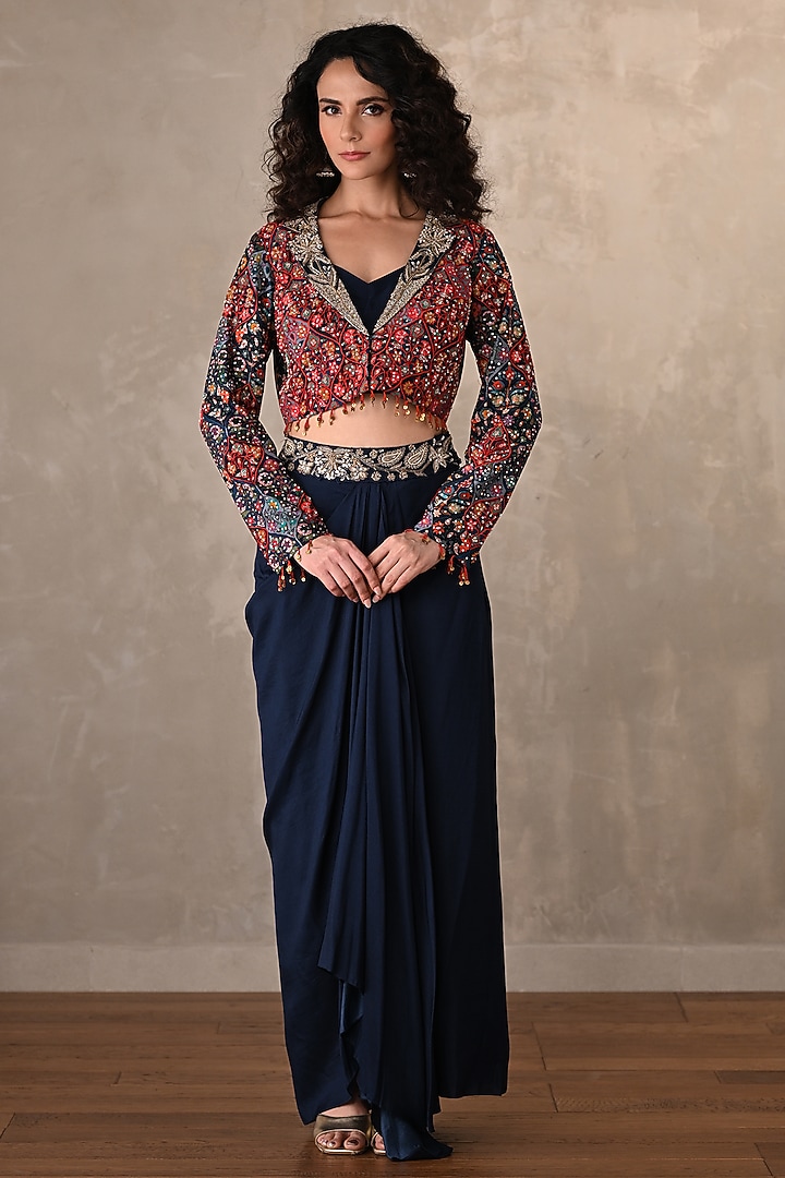 Navy Blue Silk Draped Skirt Set by Onaya at Pernia's Pop Up Shop