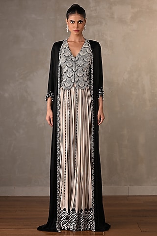 Black Crepe Embroidered Cape Set by Onaya