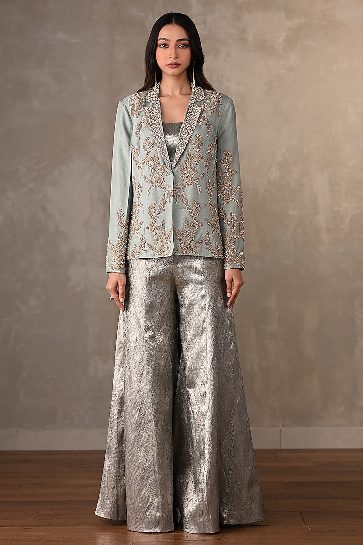 Dusky Blue Brocade Zardosi Embroidered Jacket Set by Onaya at Pernia's Pop Up Shop
