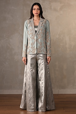 Dusky Blue Brocade Zardosi Embroidered Jacket Set by Onaya