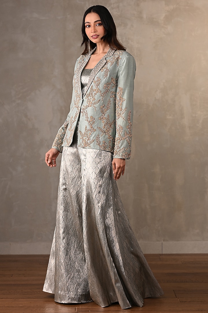Dusky Blue Brocade Zardosi Embroidered Jacket Set by Onaya at Pernia's Pop Up Shop