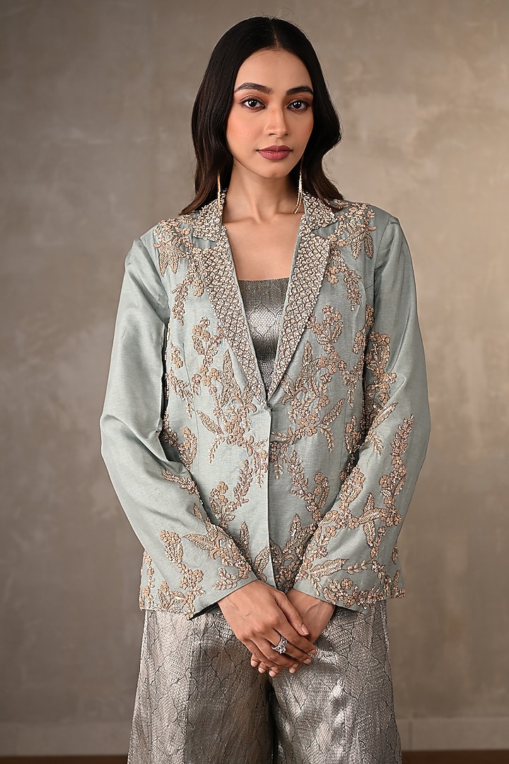 Dusky Blue Brocade Zardosi Embroidered Jacket Set by Onaya at Pernia's Pop Up Shop
