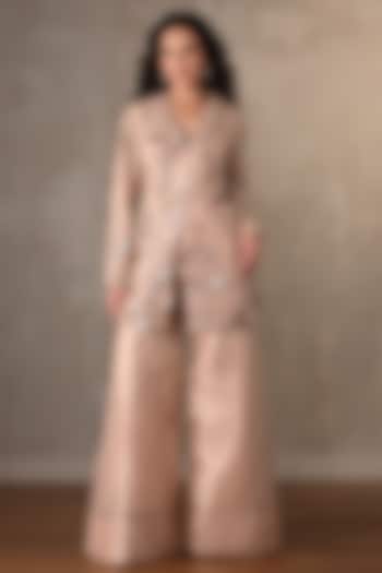 Peach Tissue Sequin & Mirror Embroidered Jacket Set by Onaya at Pernia's Pop Up Shop