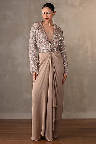 Dusty Beige-Gold Crepe Draped Skirt Set by Onaya