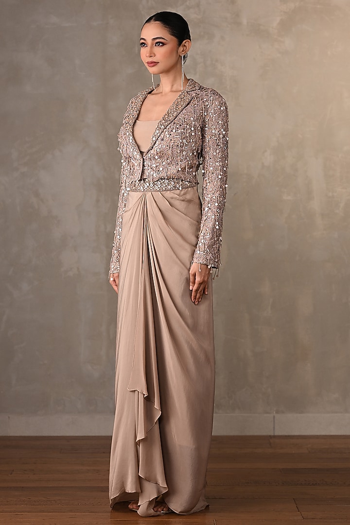 Dusty Beige-Gold Crepe Draped Skirt Set by Onaya at Pernia's Pop Up Shop