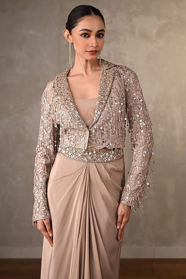 Dusty Beige-Gold Crepe Draped Skirt Set by Onaya at Pernia's Pop Up Shop