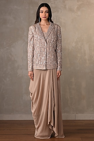 Dusty Beige-Gold Crepe Draped Skirt Set by Onaya
