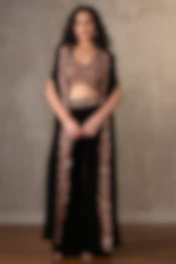 Black Georgette Thread Embroidered & Printed Cape Set by Onaya at Pernia's Pop Up Shop